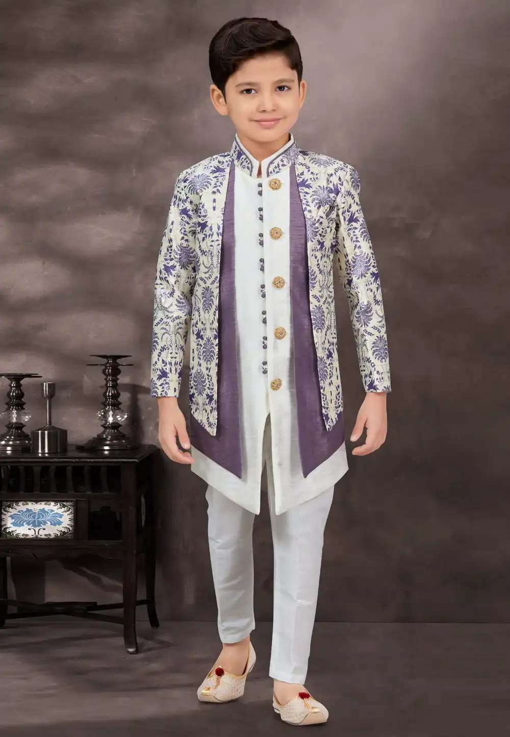 Off White Jacquard Kids Indo Western Suit 292989