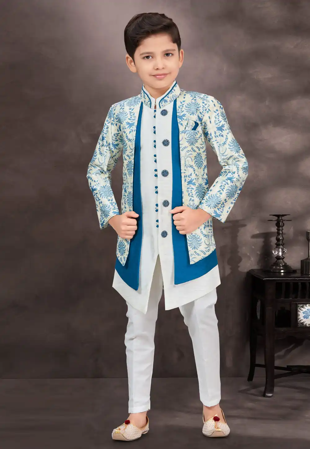 Off White Jacquard Kids Indo Western Suit 292990