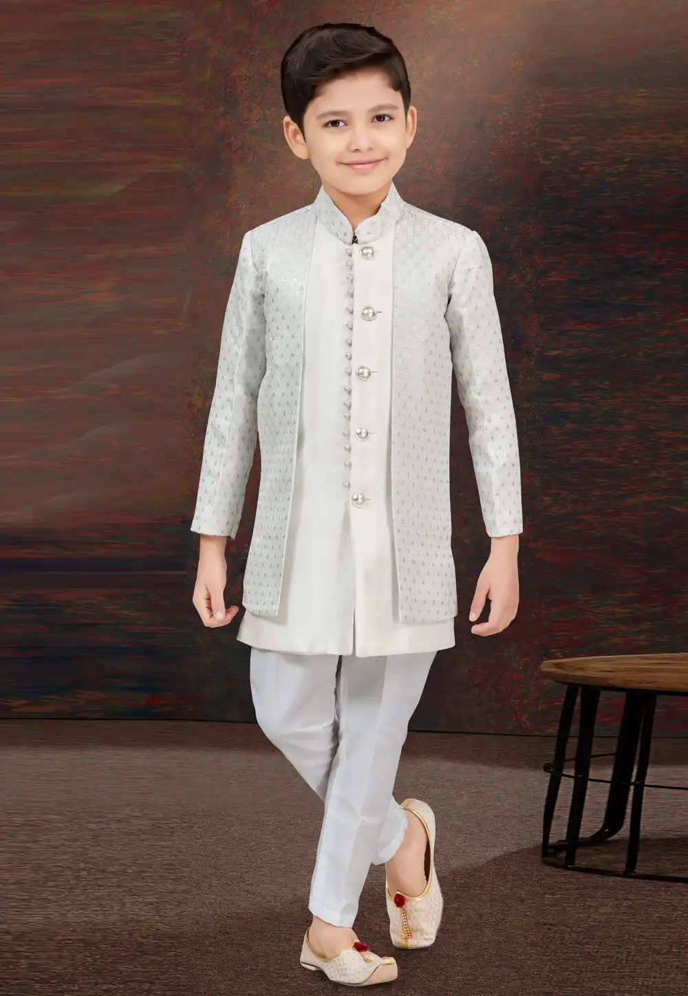 Off White Jacquard Kids Indo Western Suit 294945