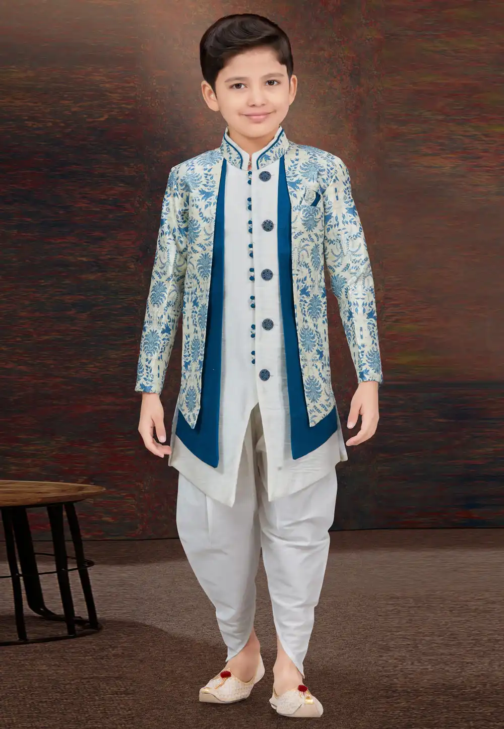 Off White Jacquard Kids Indo Western Suit 294946