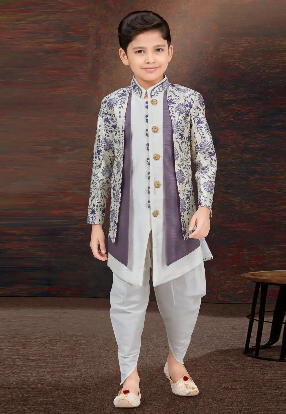 Off White Jacquard Kids Indo Western Suit 294947