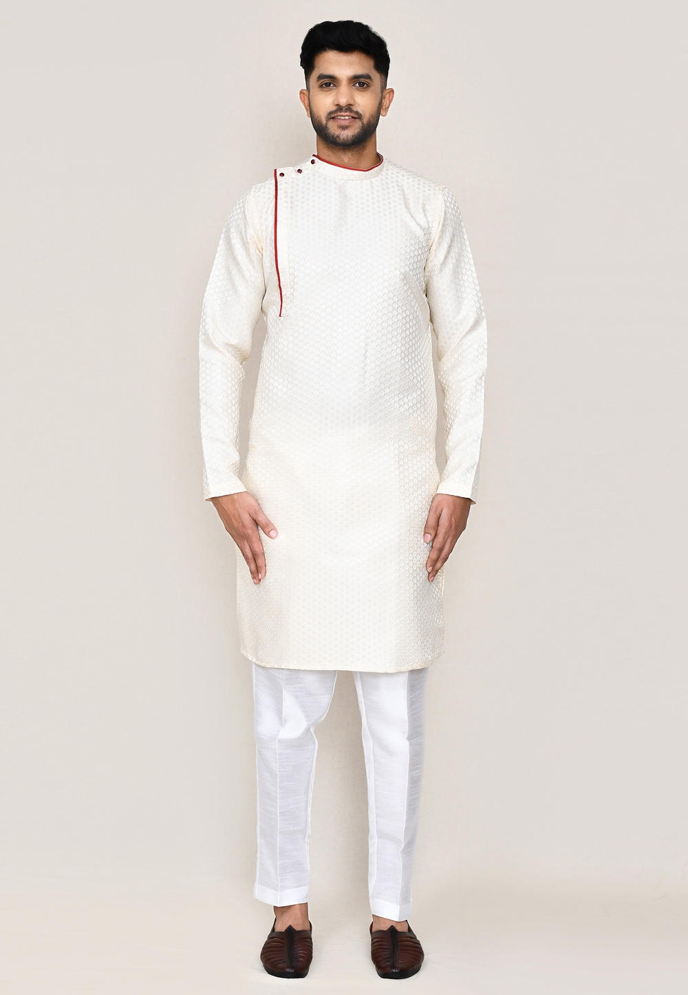 Off White Jacquard Kurta Pajama 306071