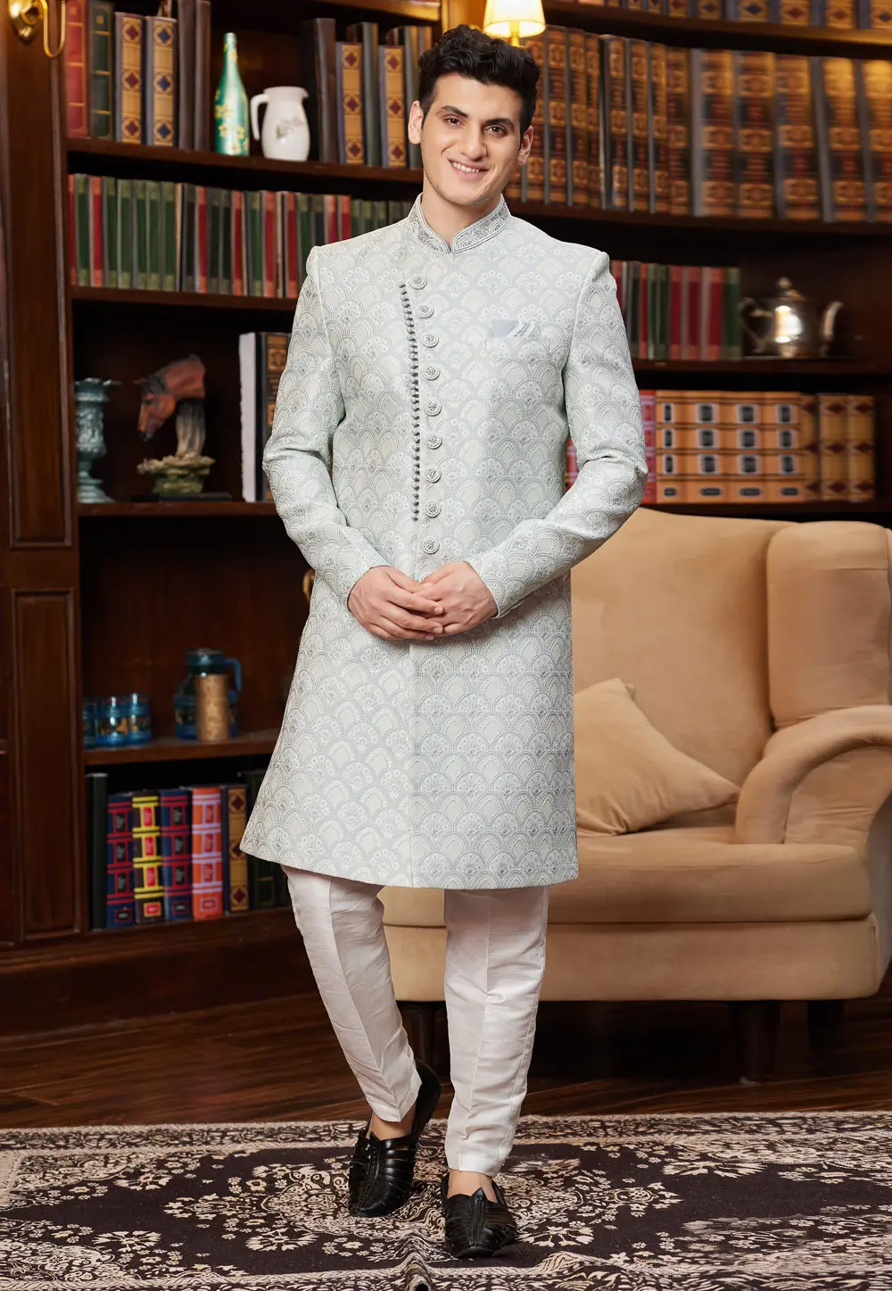 Off White Jacquard Silk Indo Western Sherwani 302226