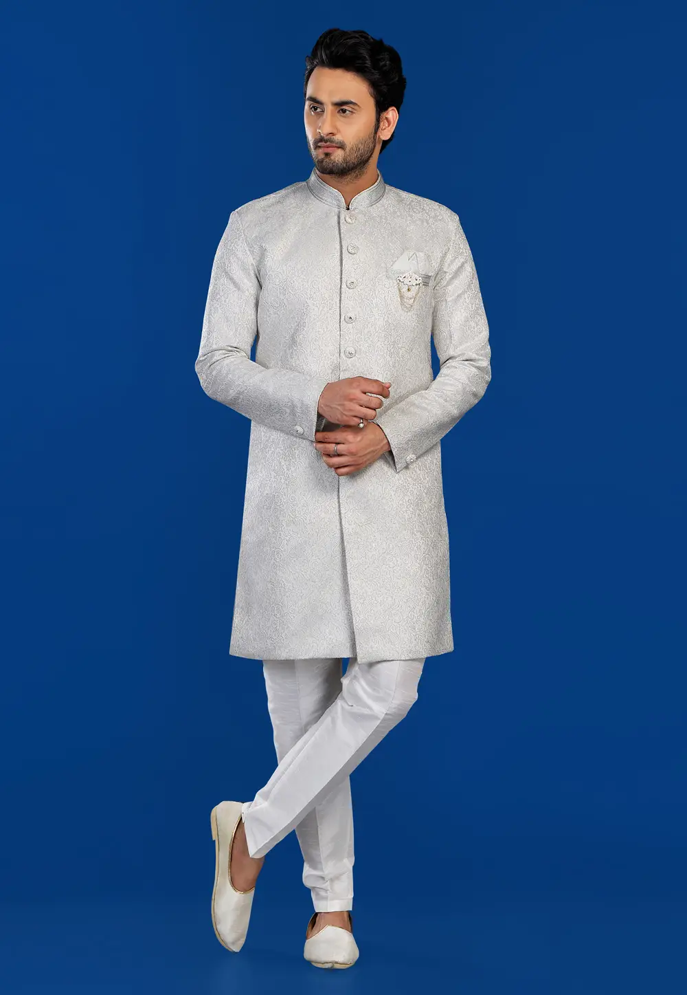 Off White Jacquard Silk Indo Western Suit 295299