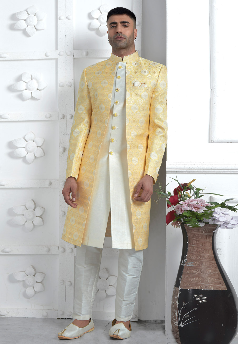 Off White Jacquard Silk Jacket Style Sherwani 280143