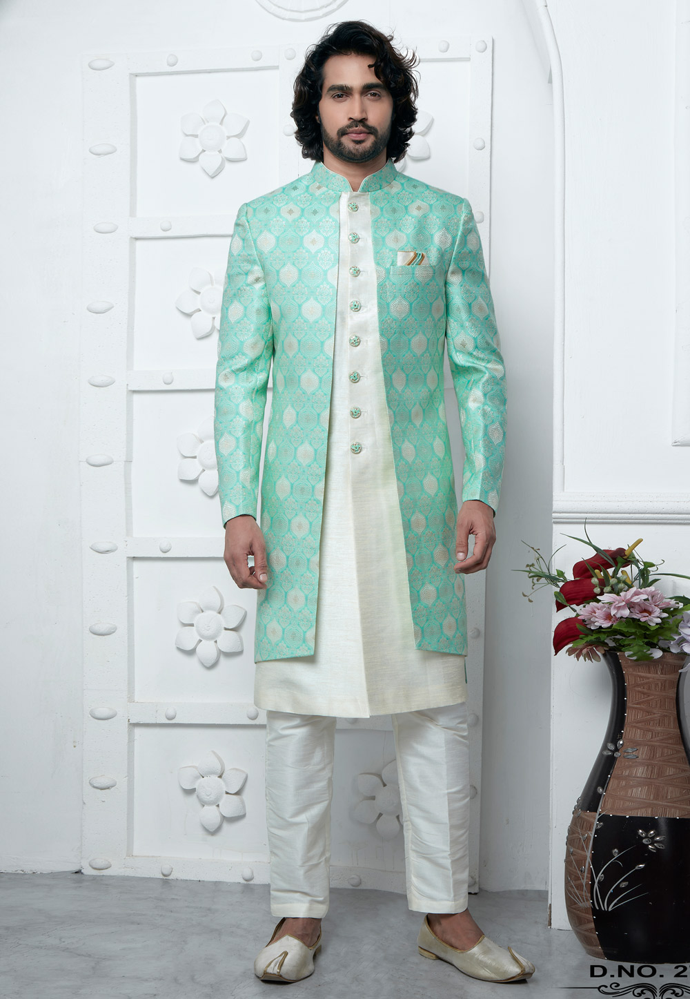 Off White Jacquard Silk Jacket Style Sherwani 280144