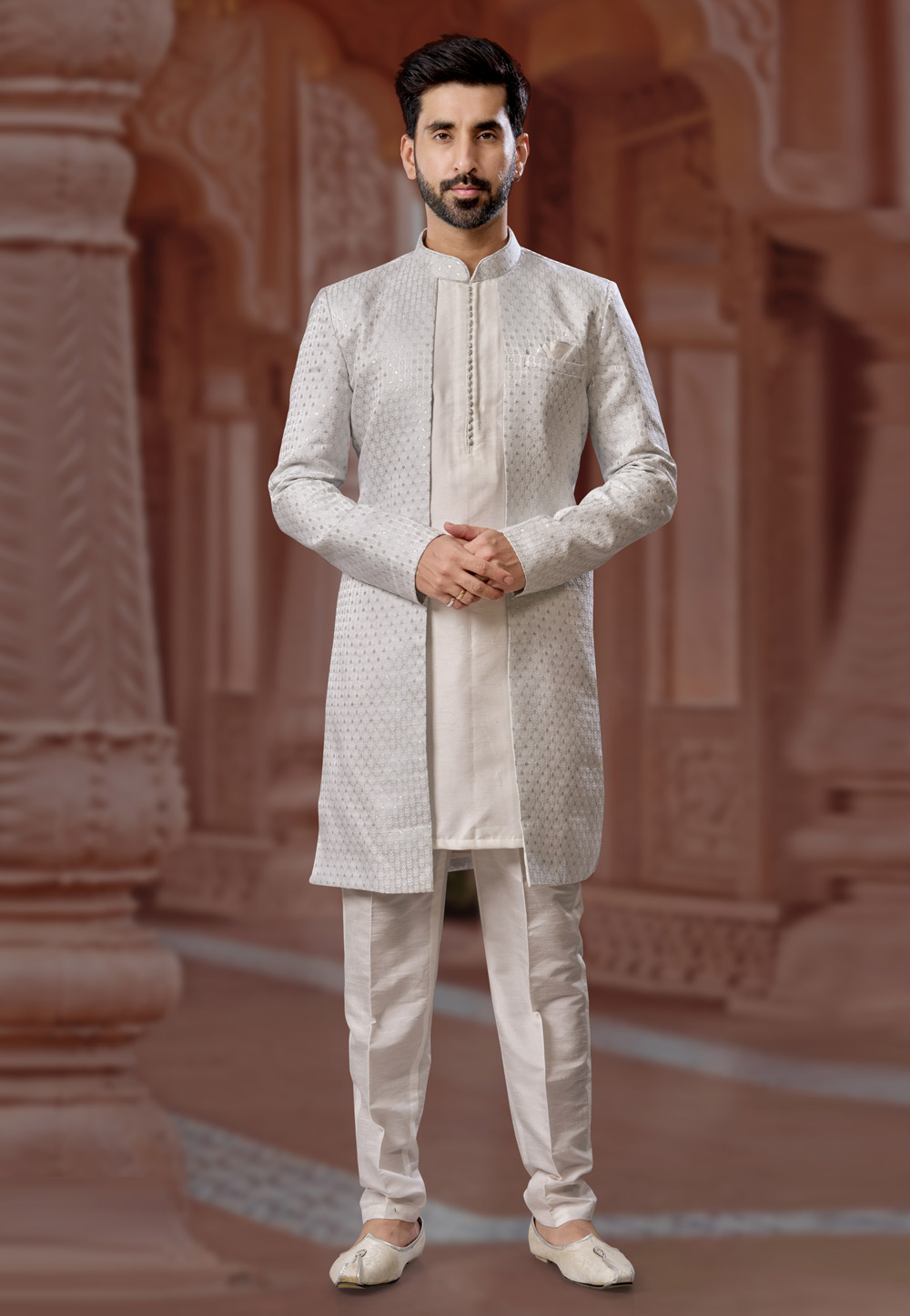 Off White Jacquard Silk Jacket Style Sherwani 282254