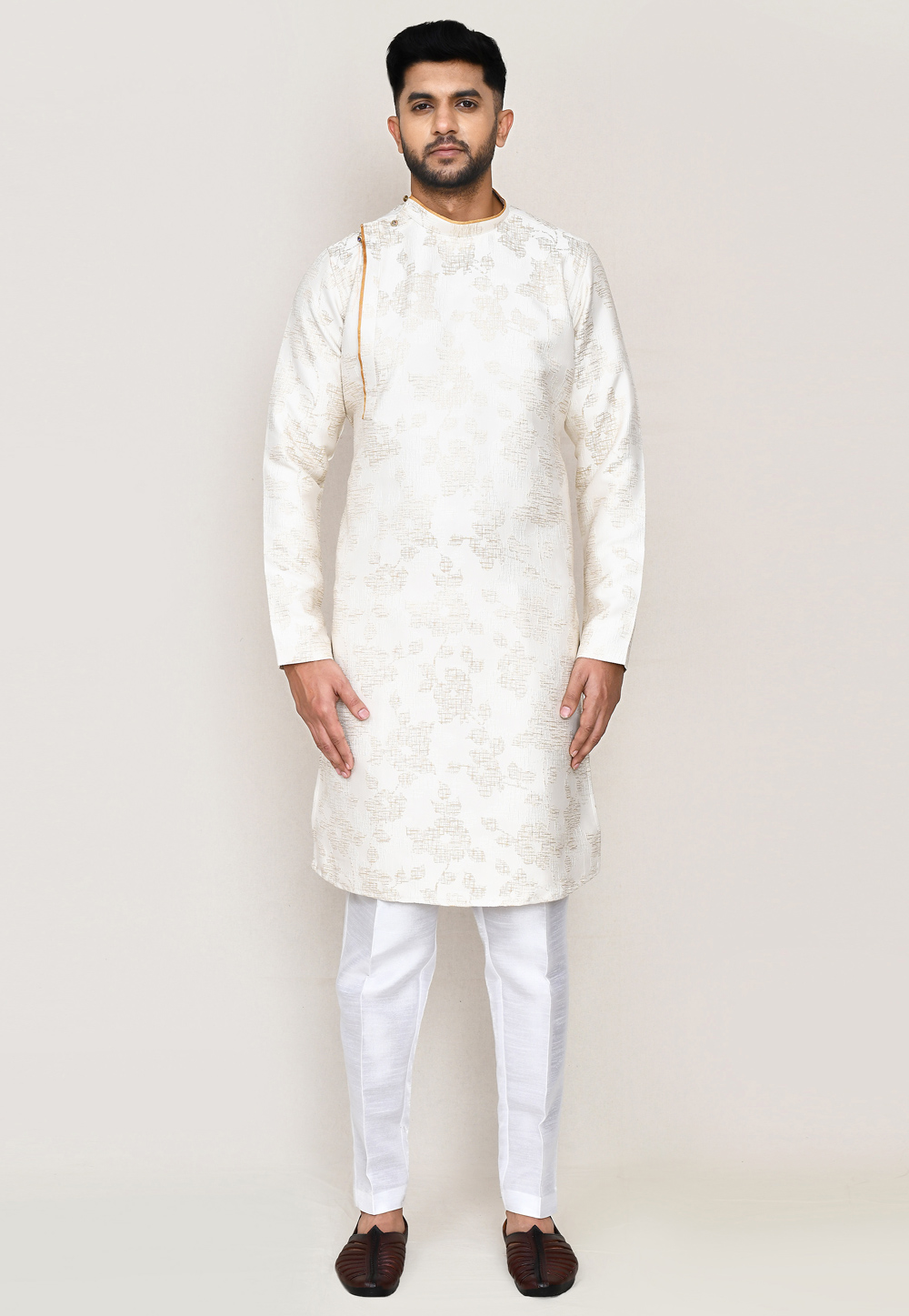 Off White Jacquard Silk Kurta Pajama 306080