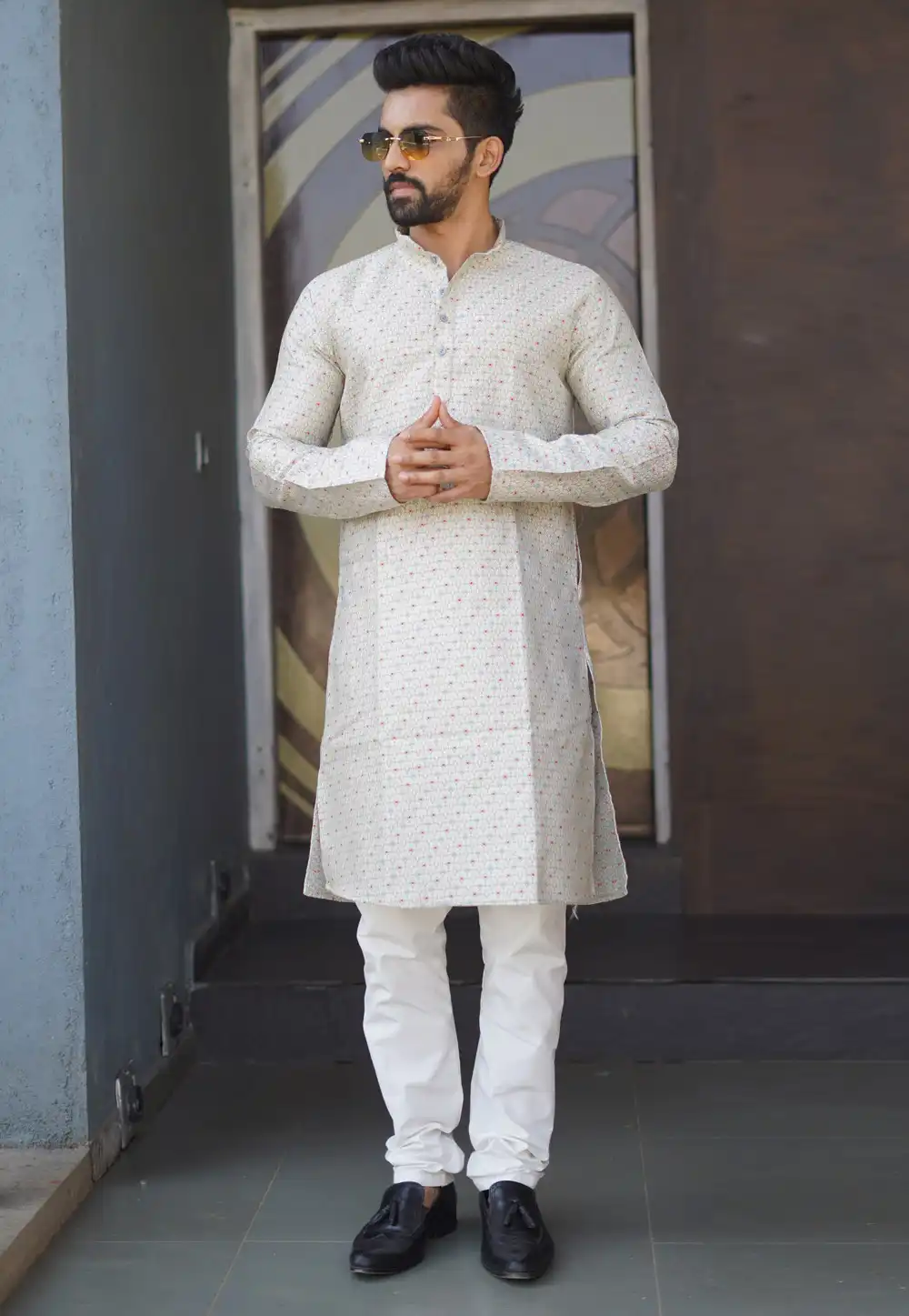 Off White Jacquard Silk Kurta Pajama 293815