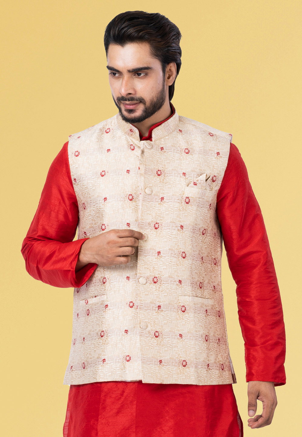 Off White Jacquard Silk Nehru Jacket 286938