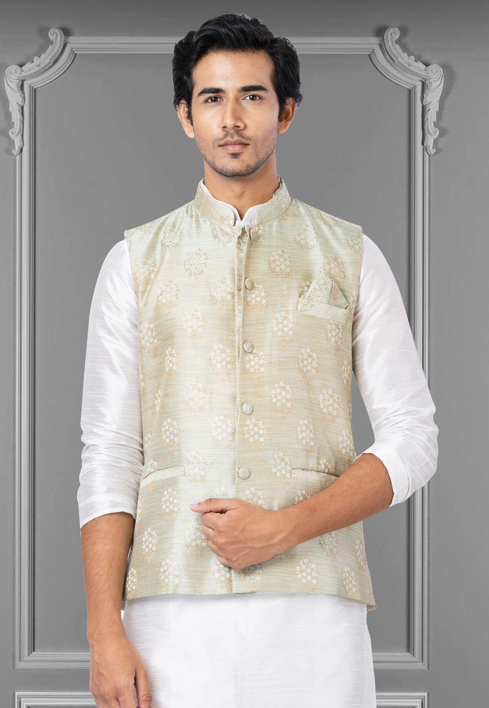 Off White Jacquard Silk Nehru Jacket 286961