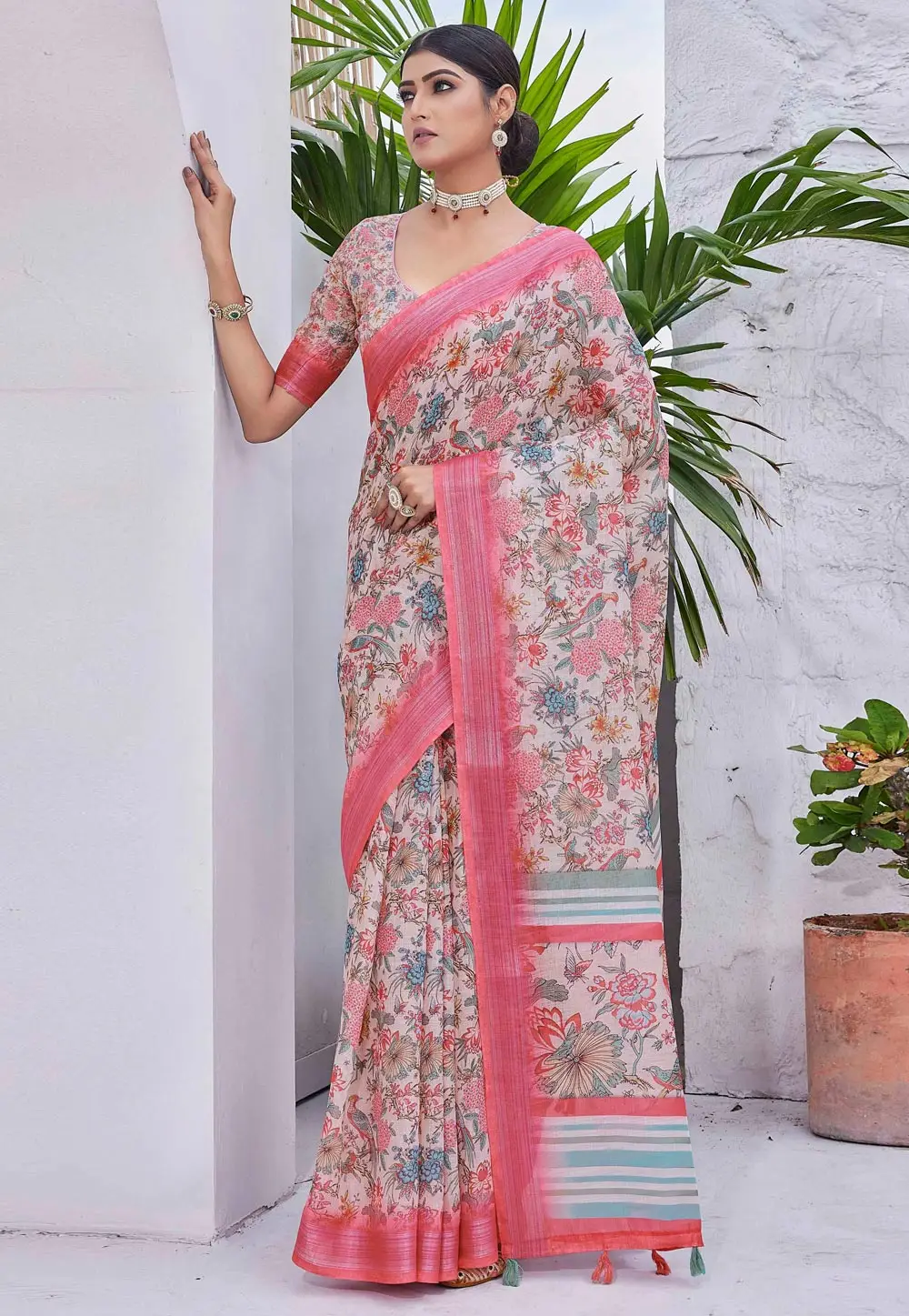 Off White Linen Saree With Blouse 296051