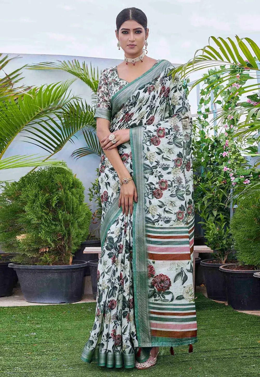 Off White Linen Saree With Blouse 296052