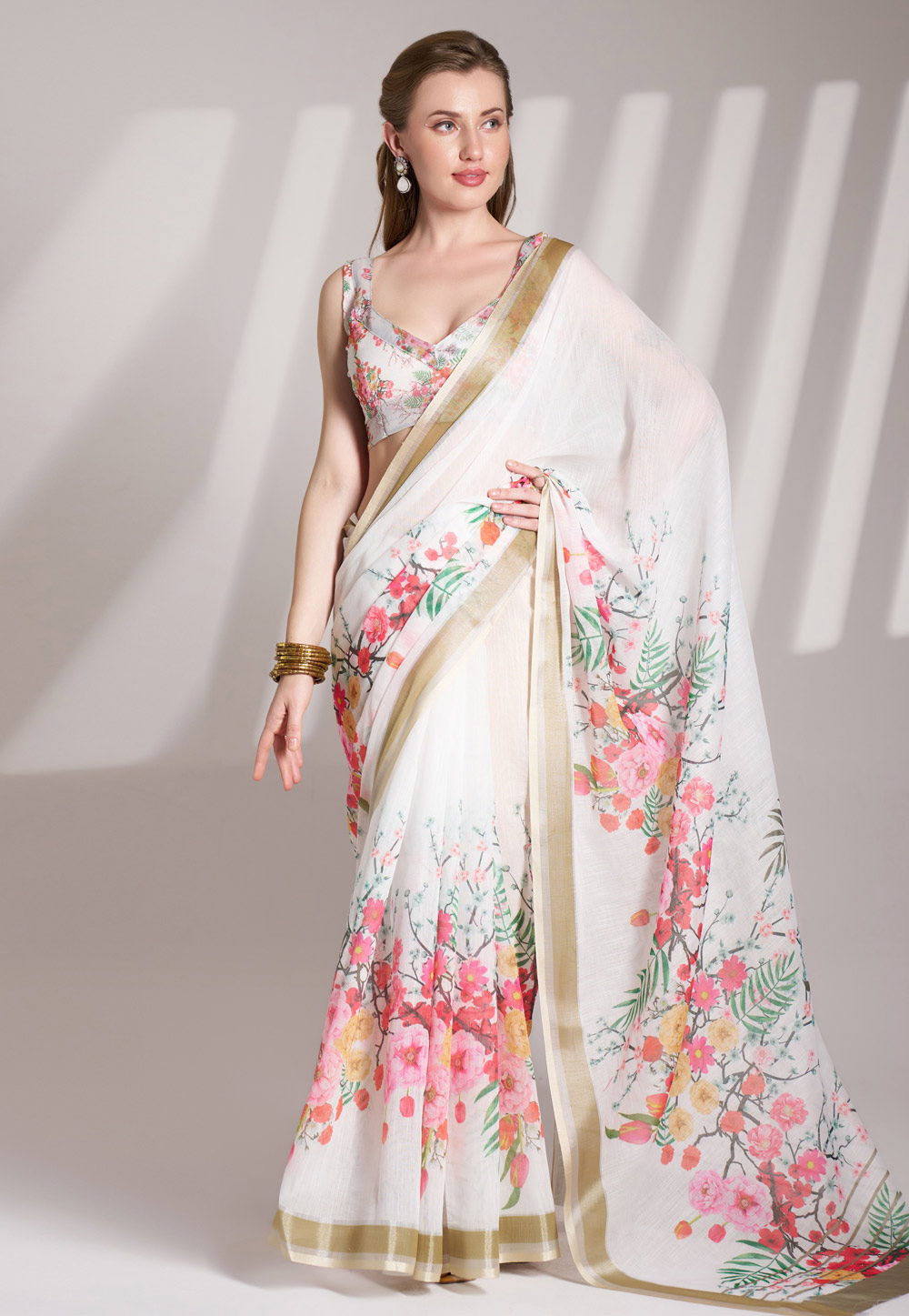 Off White Linen Saree With Blouse 305384