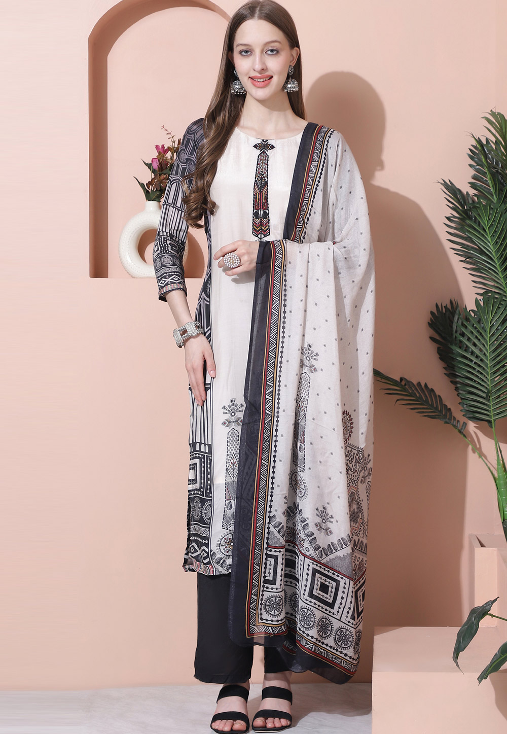 Off White Muslin Pakistani Suit 310063