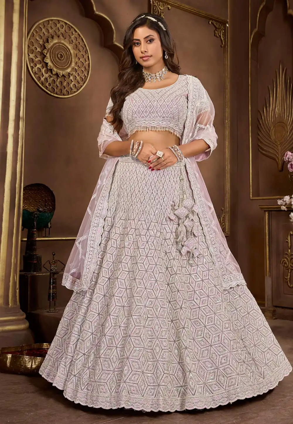 Off White Net A Line Lehenga Choli 294746