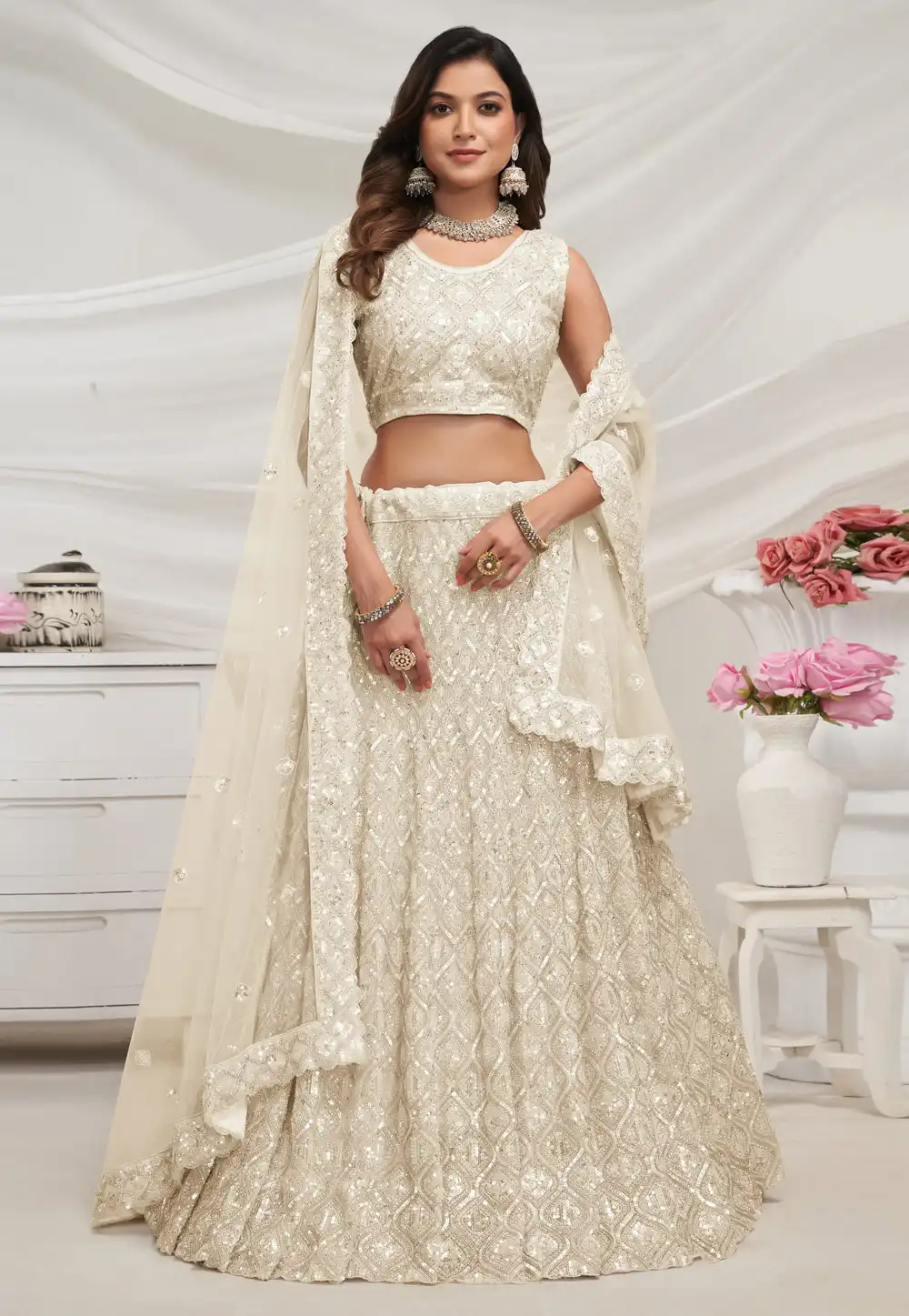 Off White Net Circular Lehenga Choli 288590