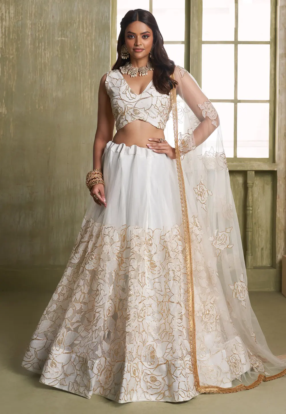 Off White Net Lehenga Choli 303252