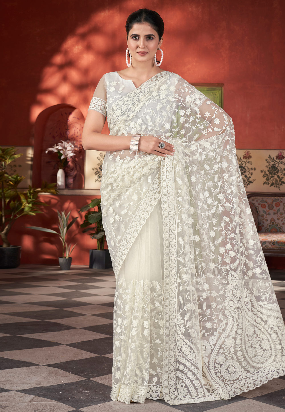 Off White Net Saree With Blouse 309396