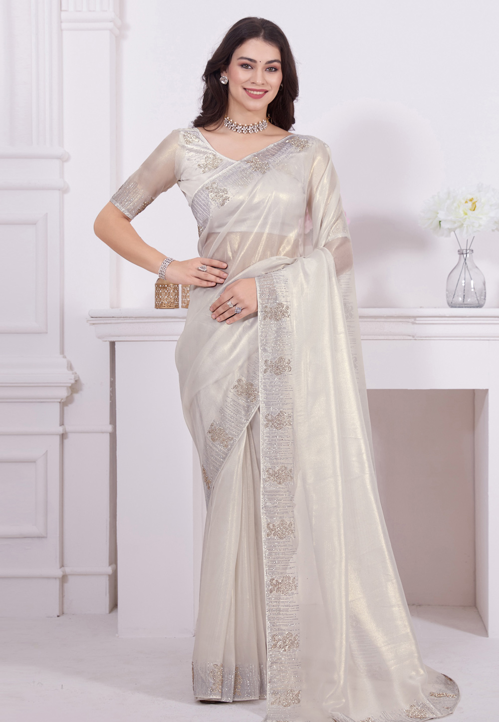 Off White Net Saree With Blouse 284803