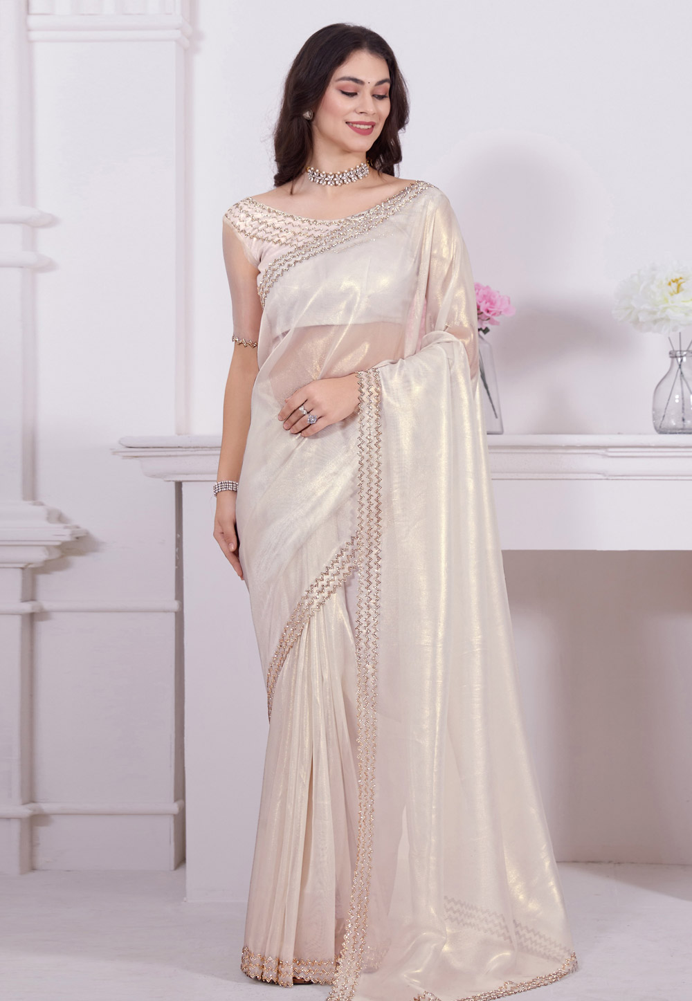 Off White Net Saree With Blouse 284808