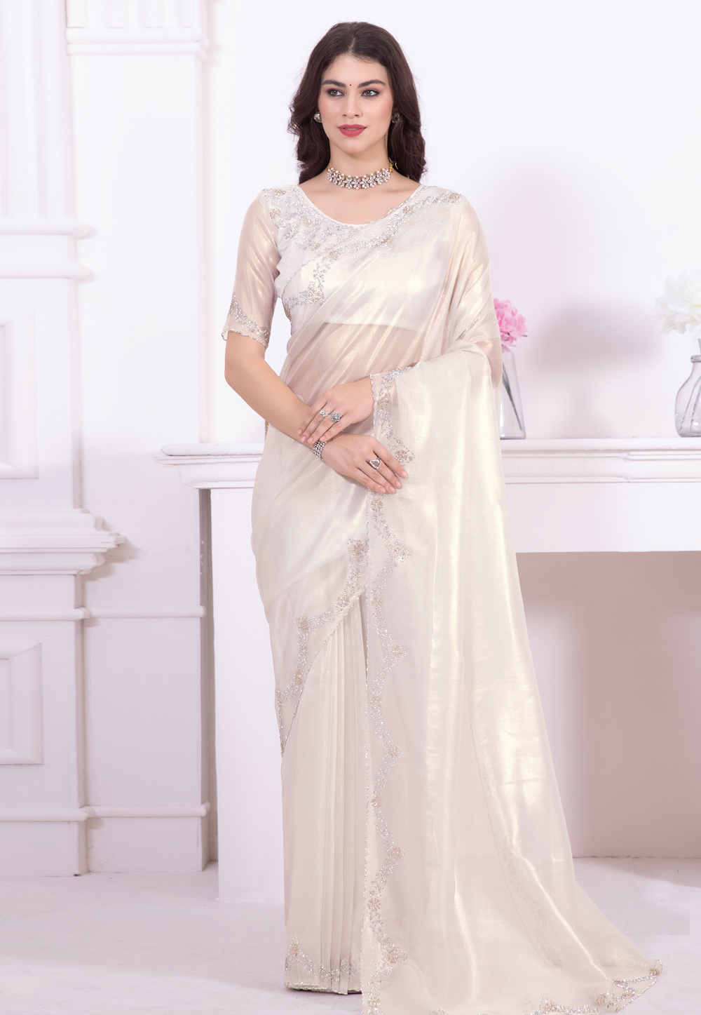 Off White Net Saree With Blouse 284813