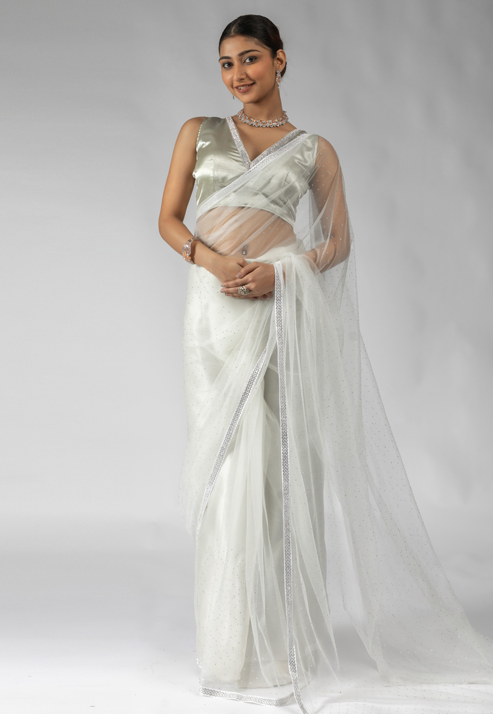 Off White Net Saree With Blouse 309353