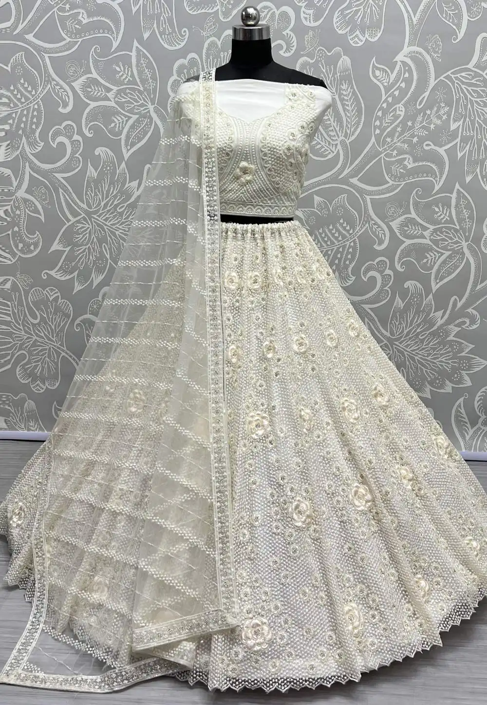 Off White Net Wedding Lehenga Choli 292124