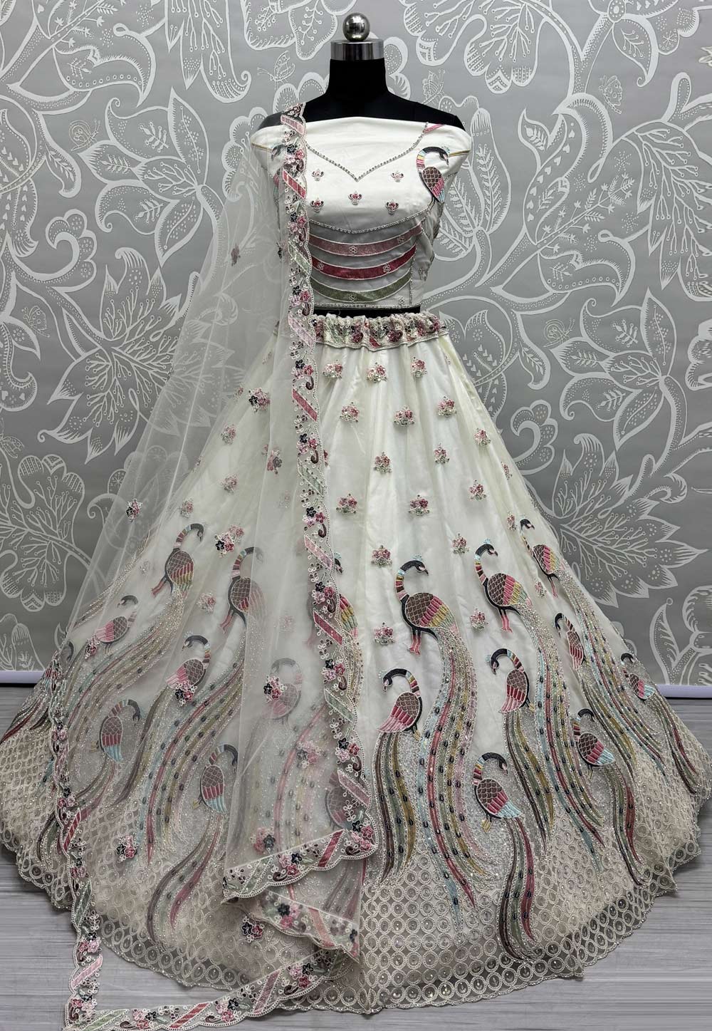 Off White Net Wedding Lehenga Choli 309678