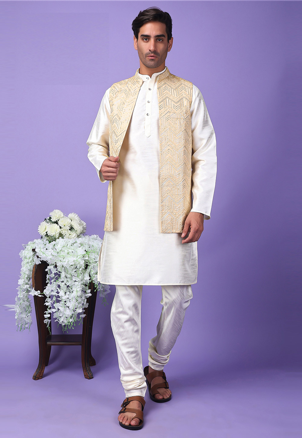 Off White Polyester Kurta Pajama With Jacket 286232