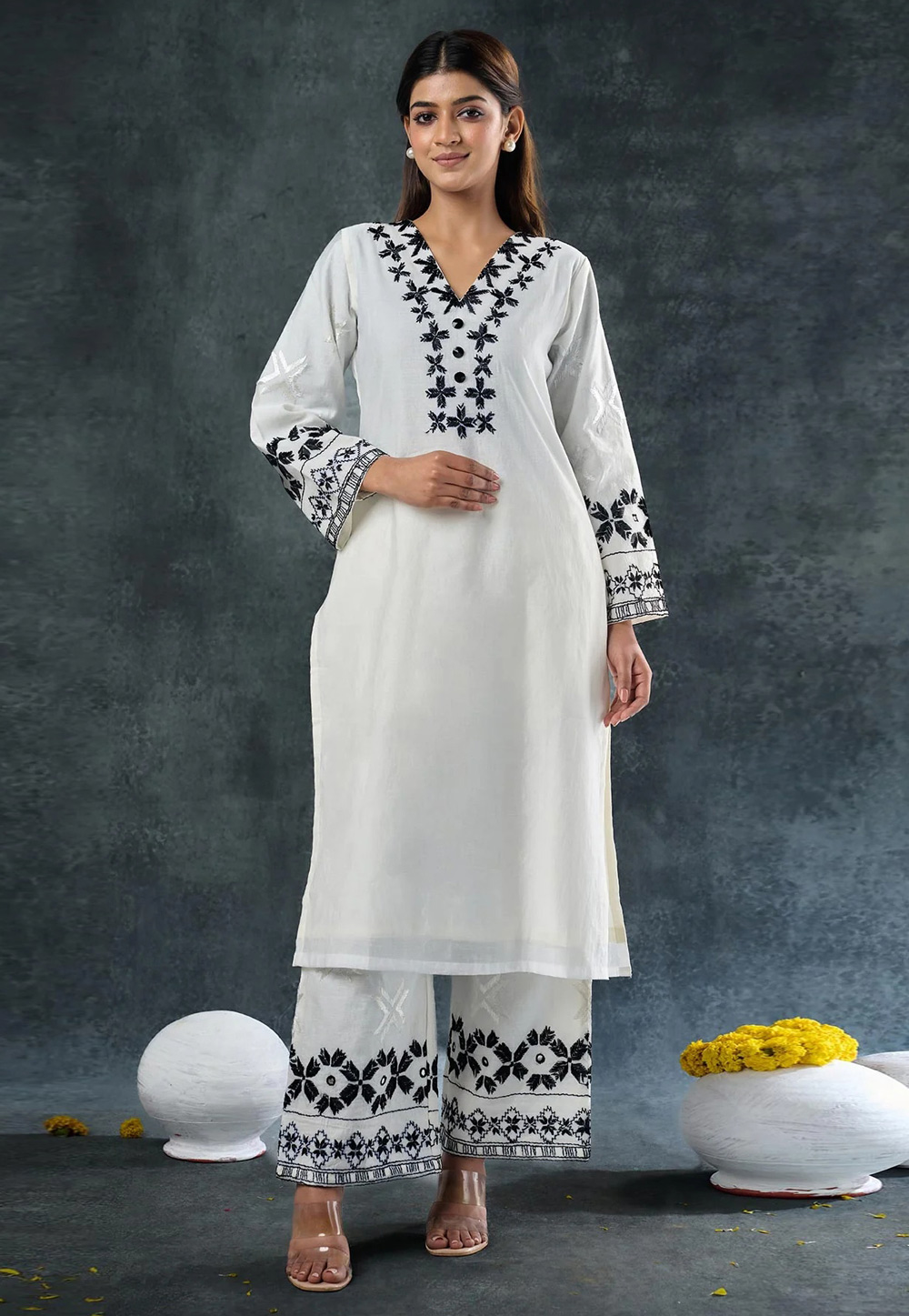 Off White Rayon Kurta Set With Palazzo 310044