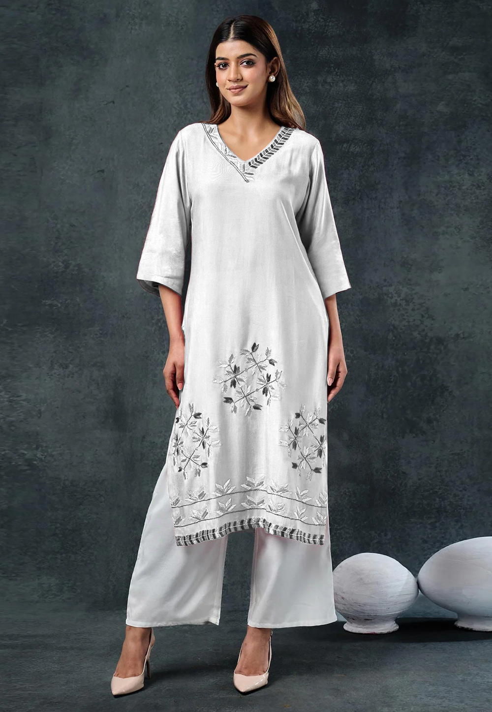 Off White Rayon Kurta Set With Palazzo 310048