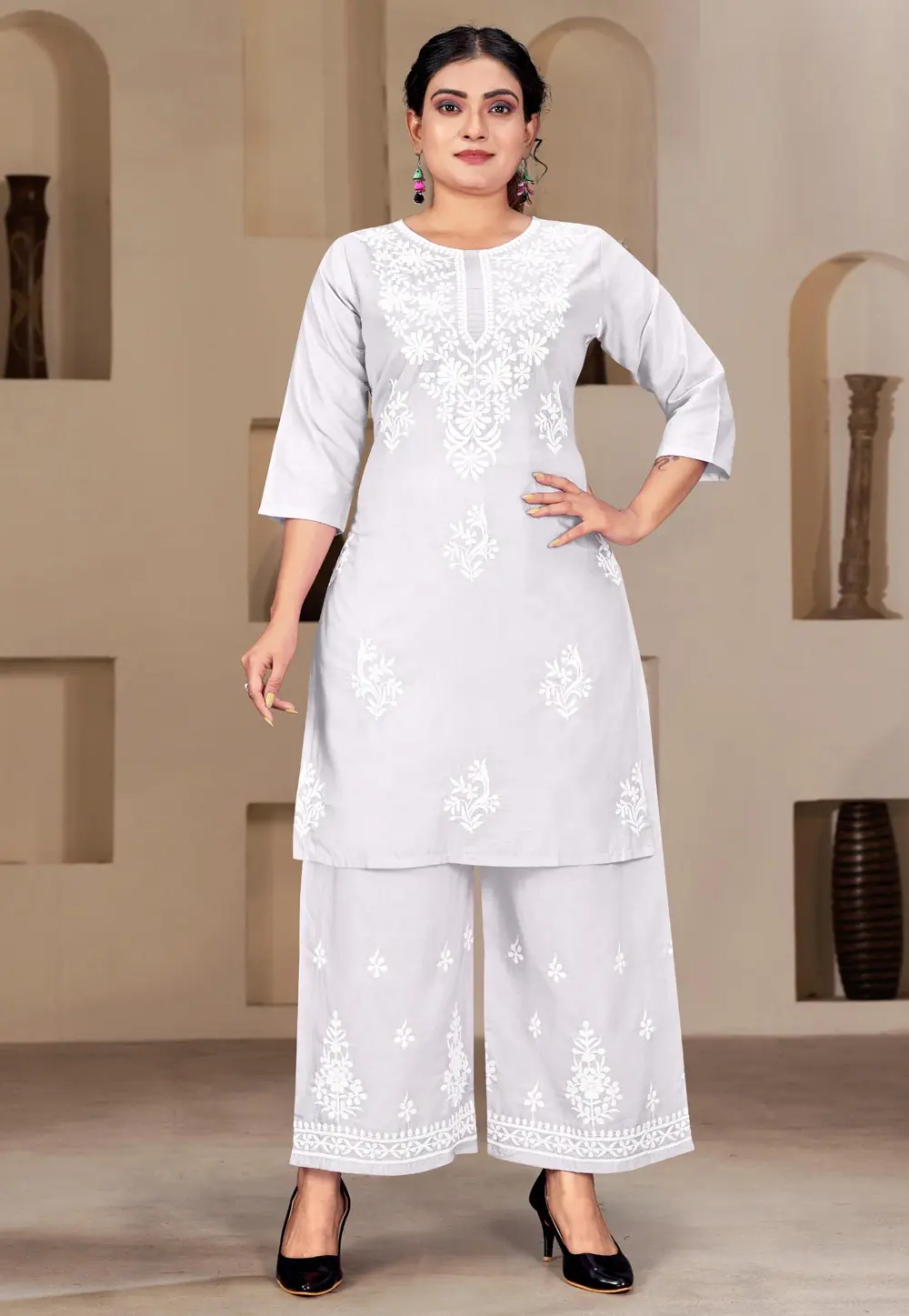 Off White Rayon Kurta Set With Palazzo 300480