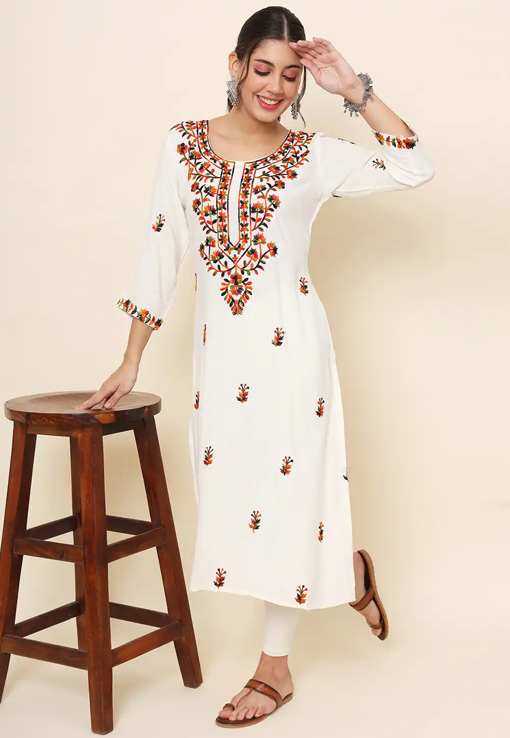 Off White Rayon Long Kurti 288035