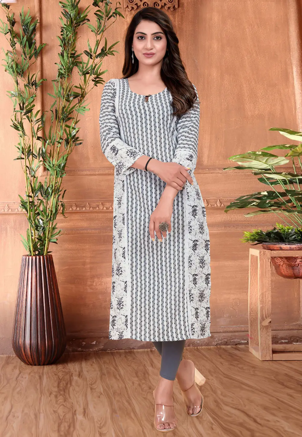 Off White Rayon Printed Long Kurti 295829