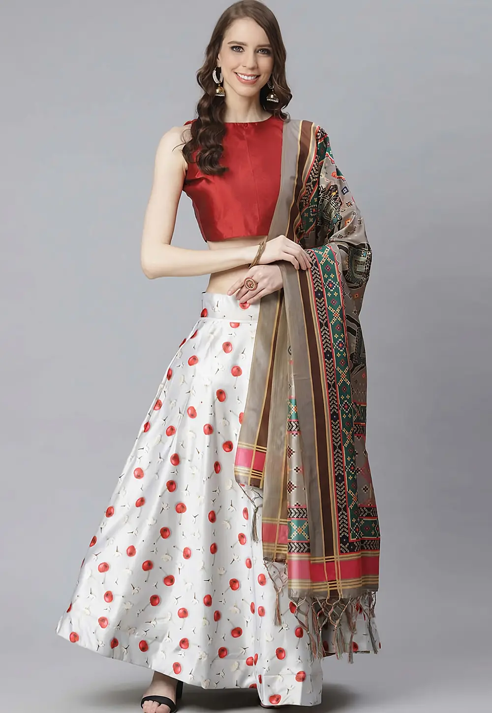 Off White Satin Silk Floral Lehenga choli 297156