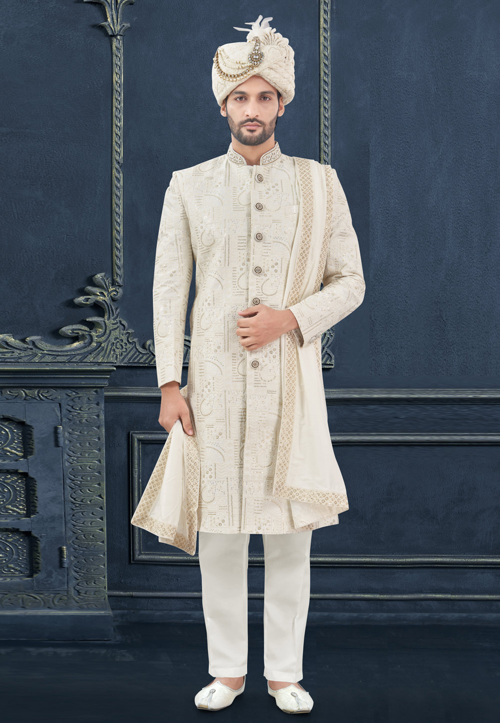 Off White Silk Achkan Style Sherwani 305181