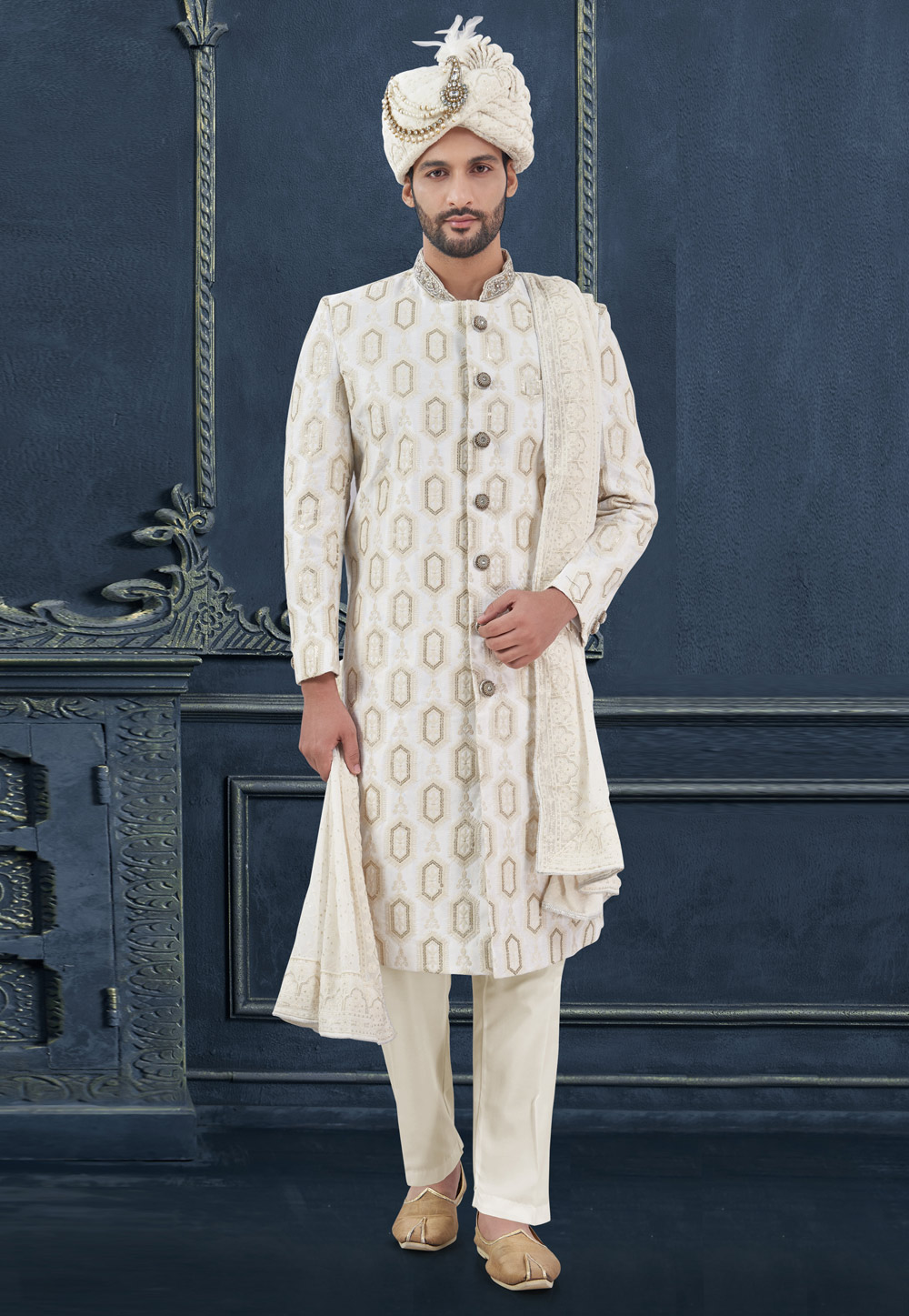 Off White Silk Achkan Style Sherwani 305185