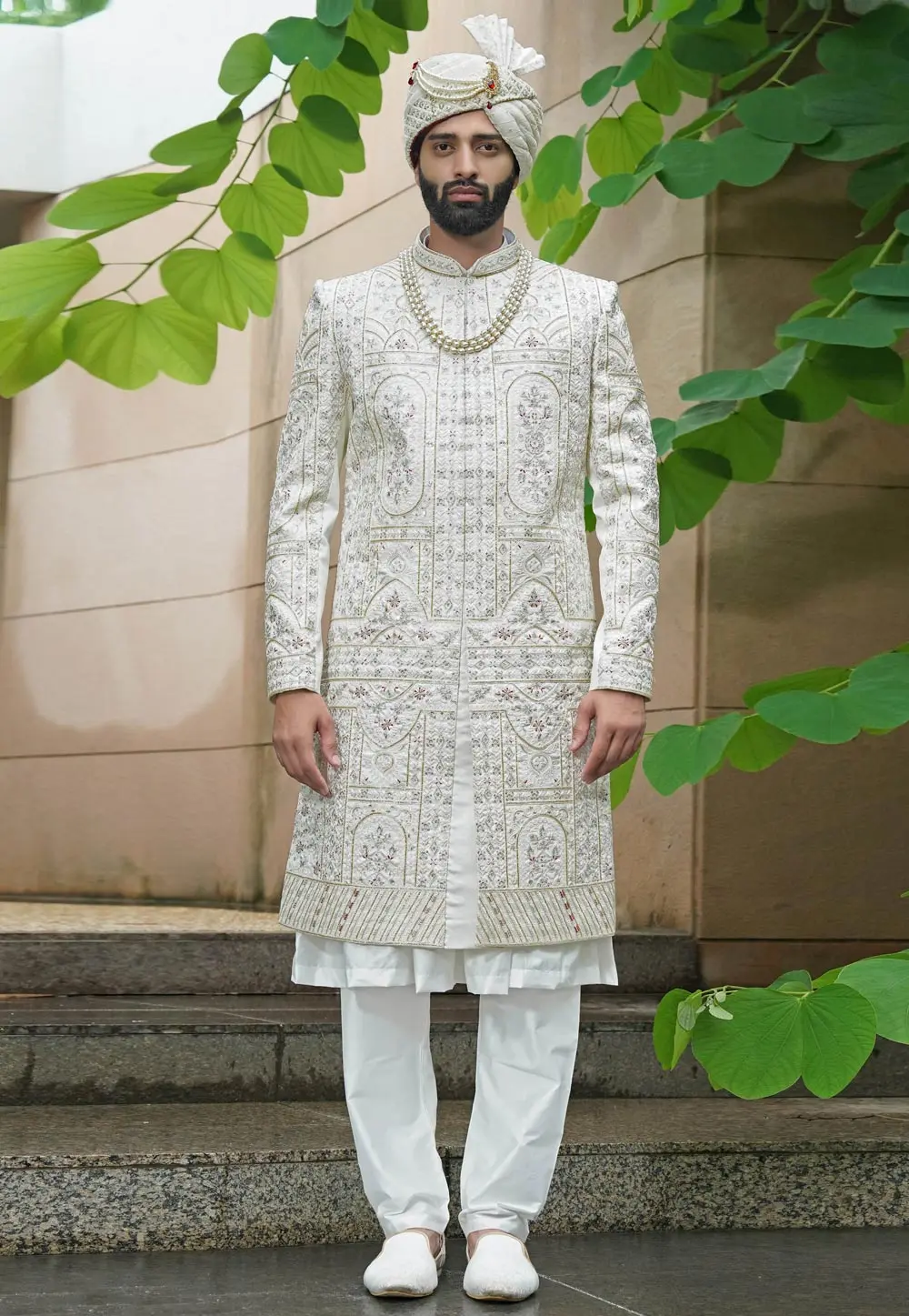 Off White Silk Anarkali Sherwani 302499