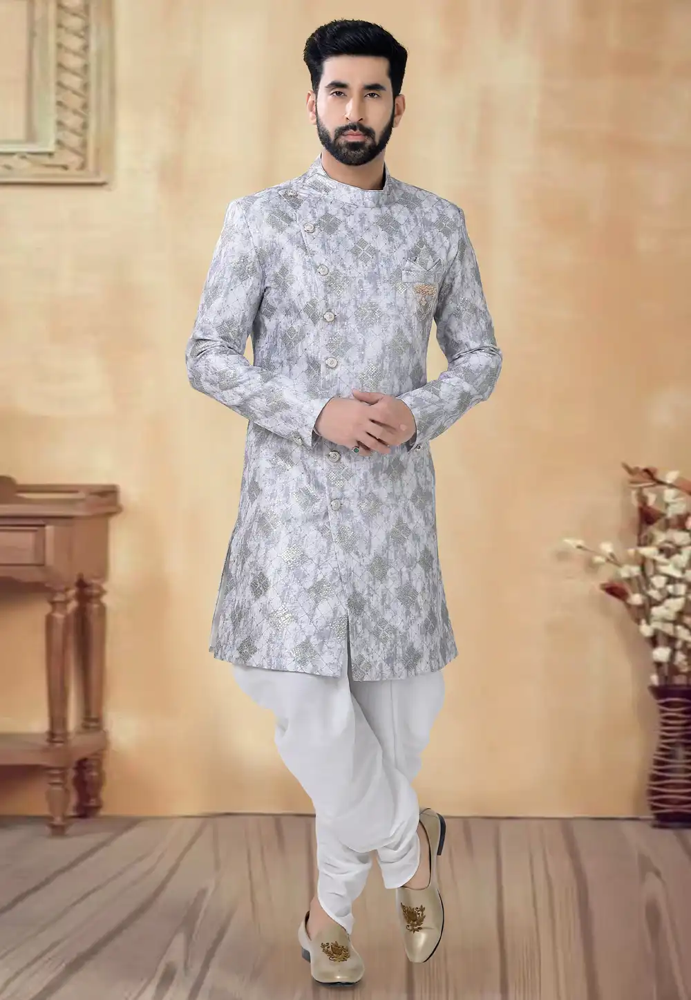 Off White Silk Dhoti Sherwani 292390