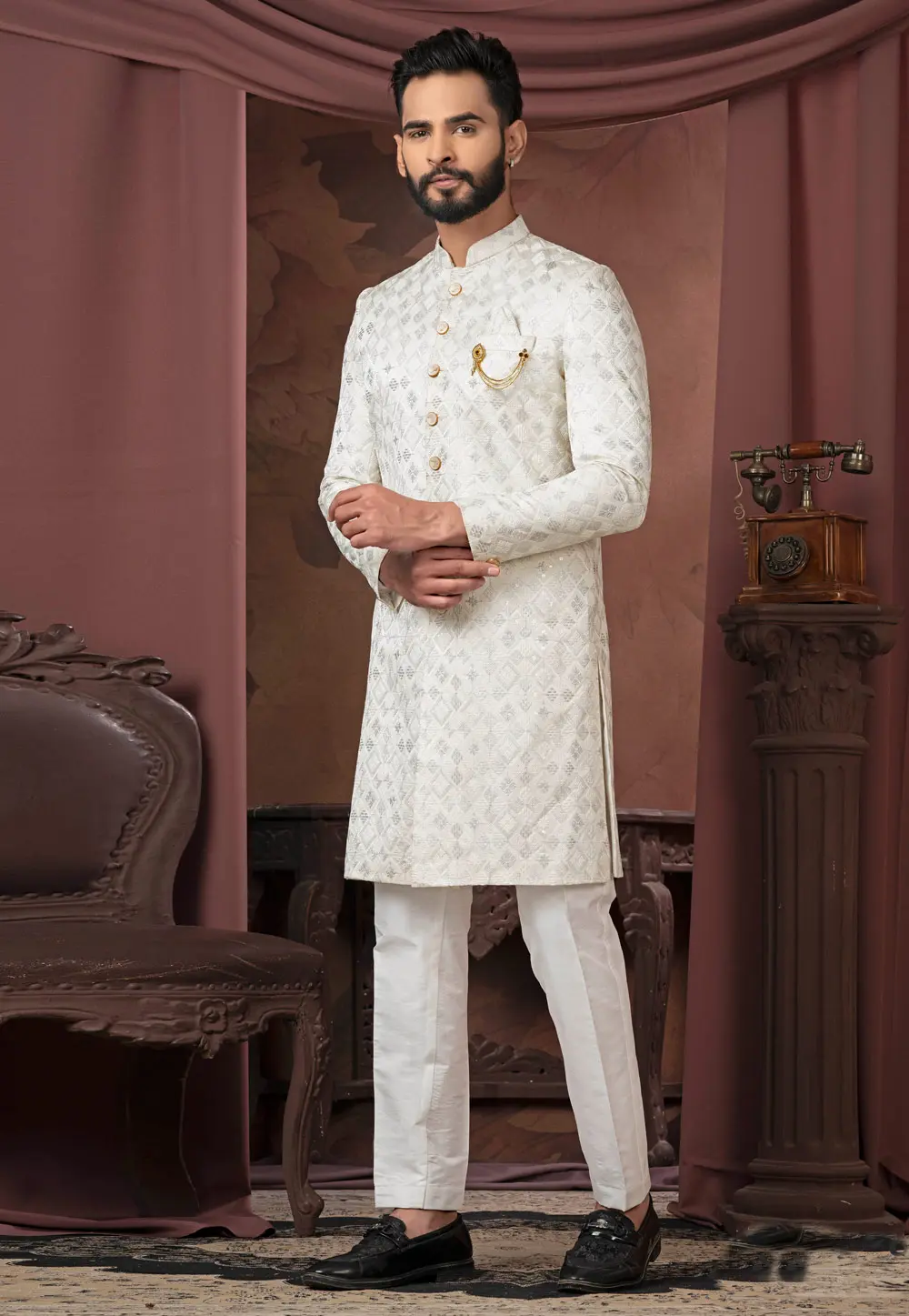 Off White Silk Indo Western Sherwani 302432