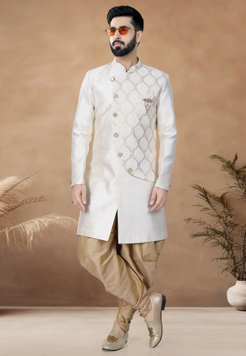 Off White Silk Indo Western Suit 298597