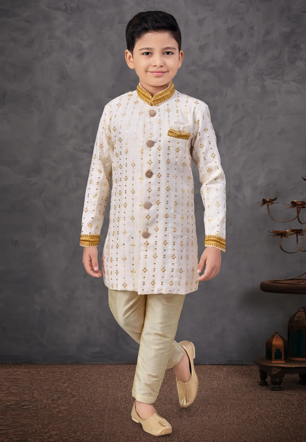 Off White Silk Kids Indo Western Sherwani 303770