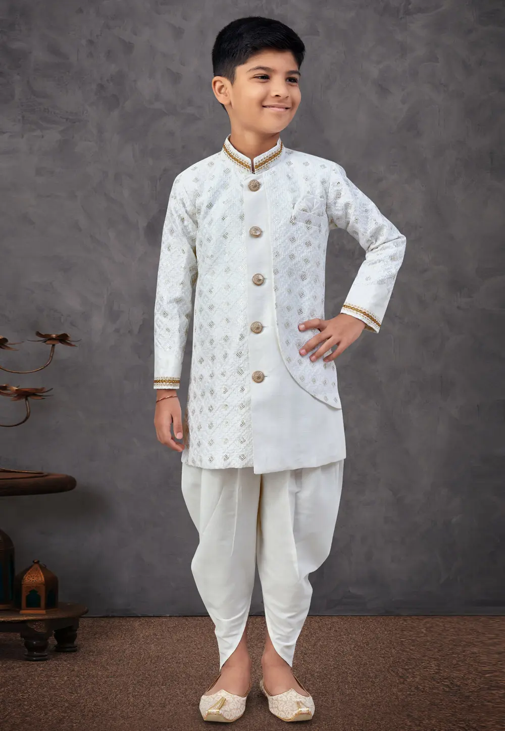 Off White Silk Kids Indo Western Sherwani 303788