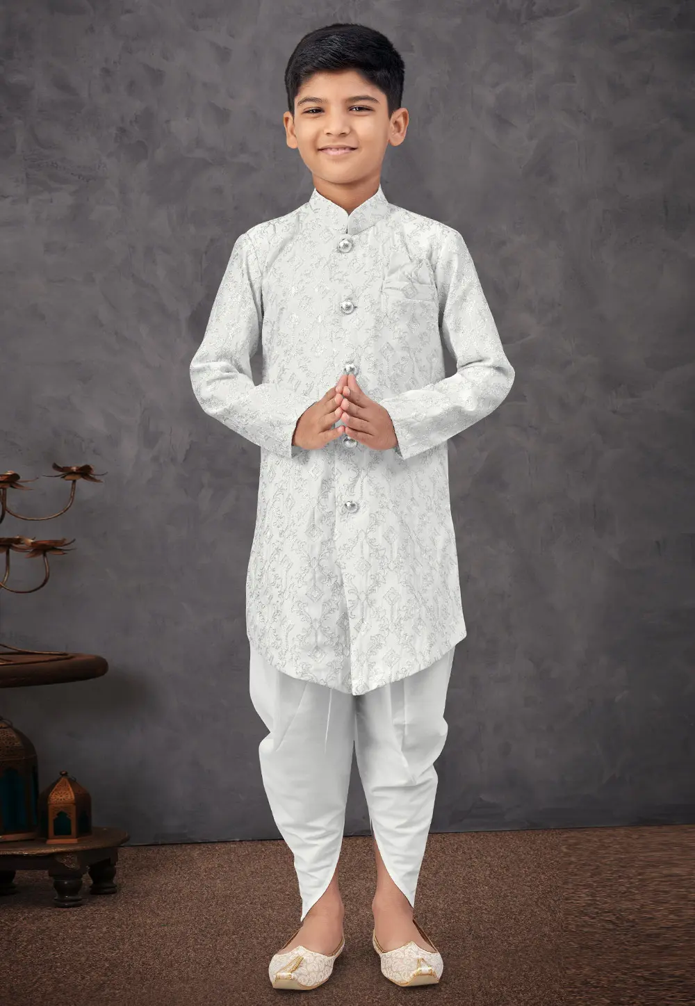 Off White Silk Kids Indo Western Sherwani 303794