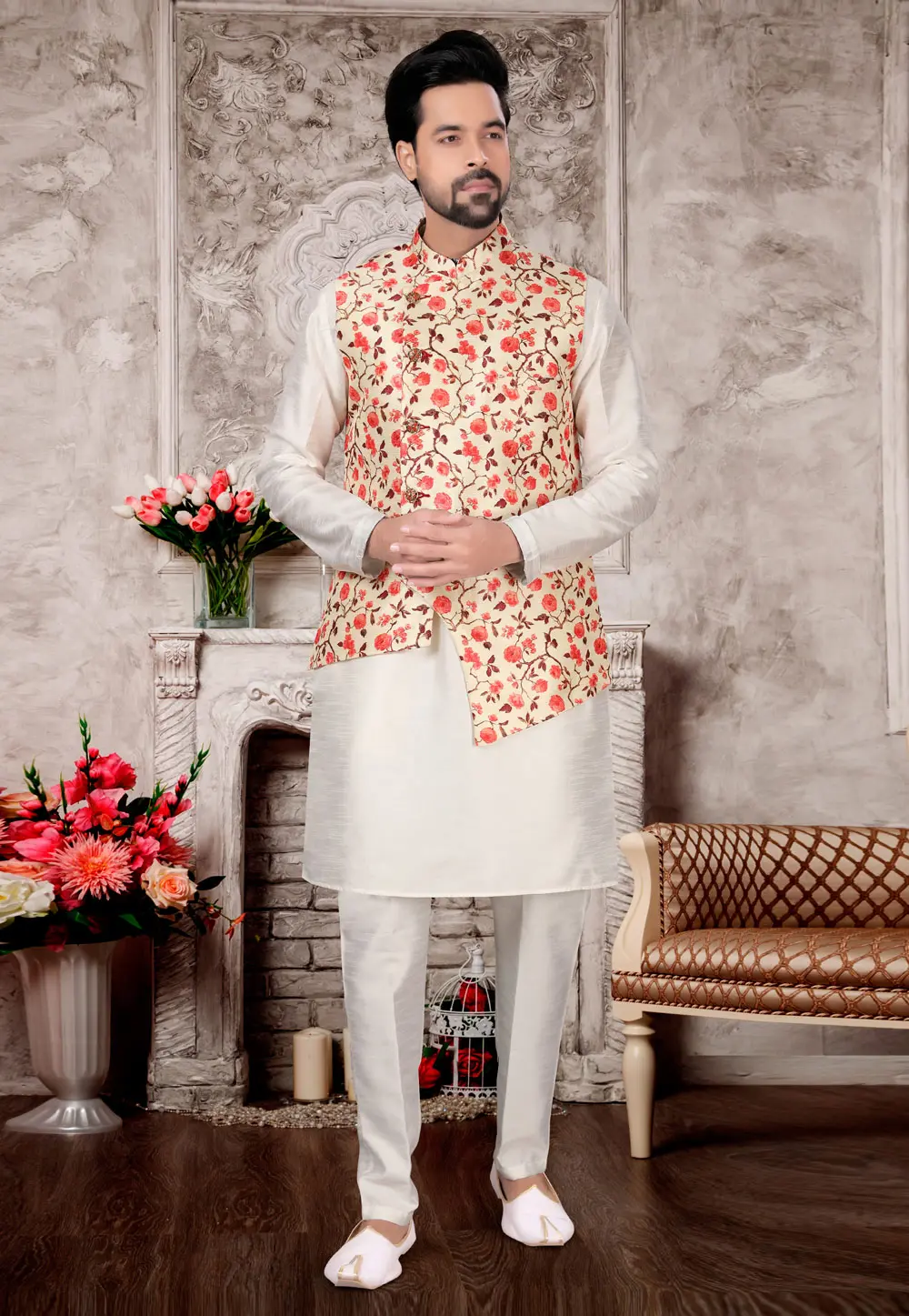 Off White Silk Kurta Pajama With Jacket 302939