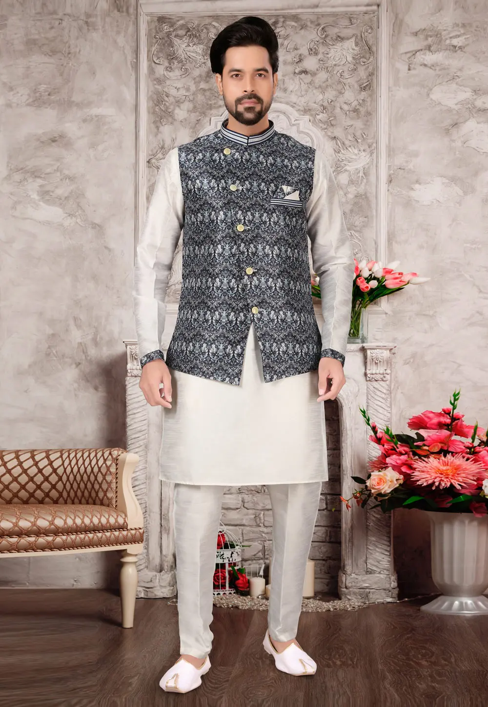 Off White Silk Kurta Pajama With Jacket 302940