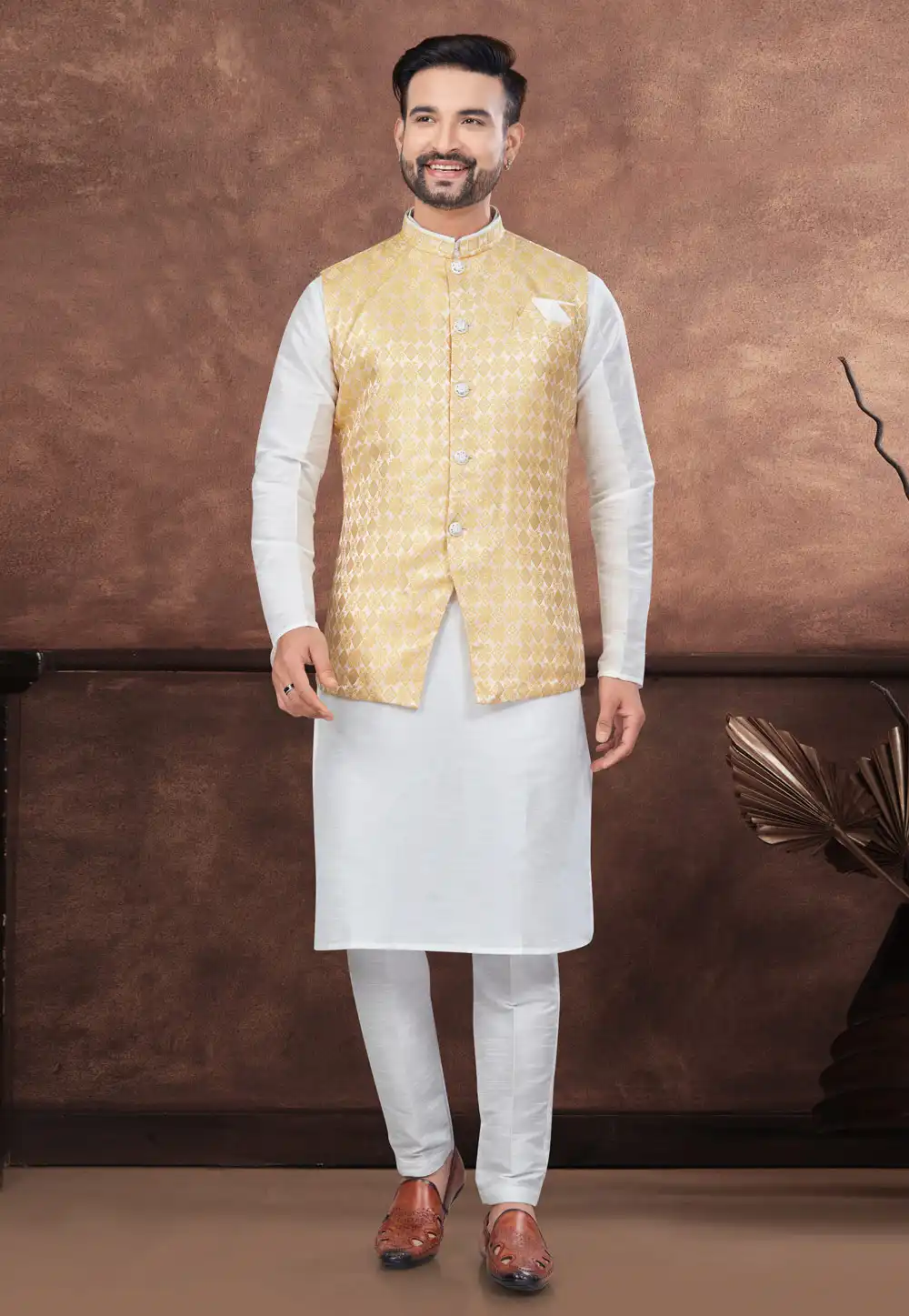 Off White Silk Kurta Pajama With Jacket 294588