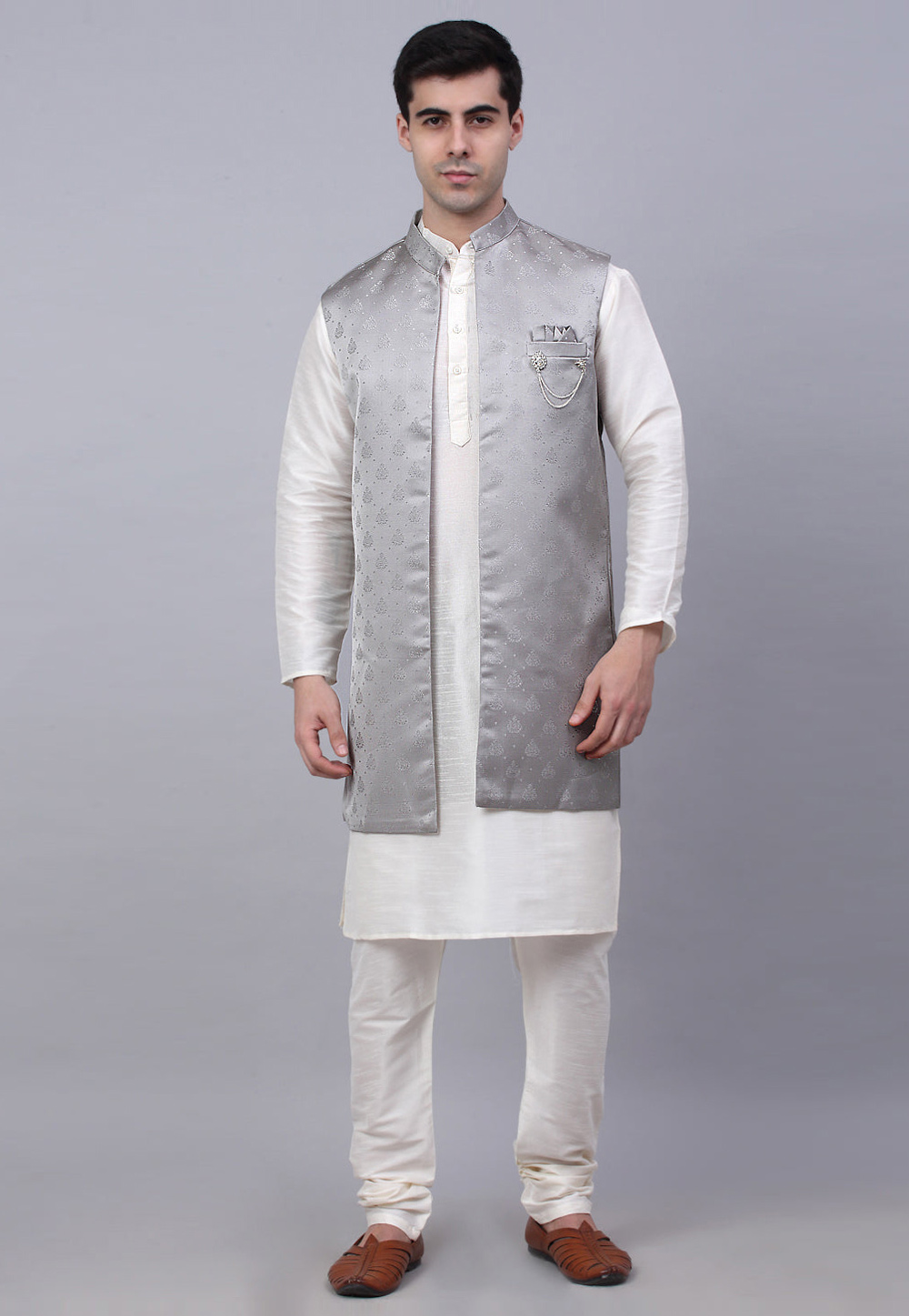 Off White Silk Kurta Pajama With Jacket 281718