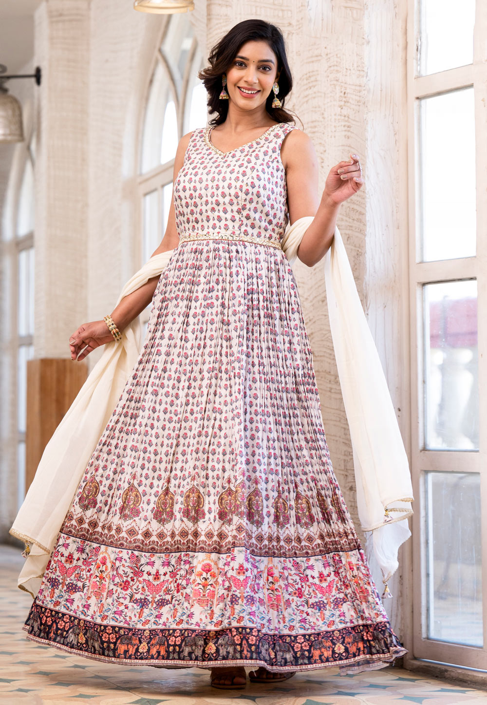 Off White Silk Readymade Long Anarkali Suit 280703